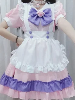 Sweet Lolita Dress Polyester Short Sleeves Ruffles Maid Outfit Dress
