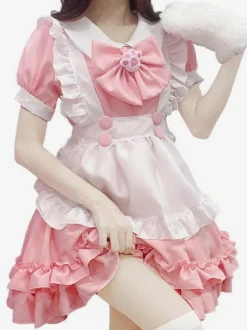 Sweet Lolita Dress Polyester Short Sleeves Ruffles Maid Outfit Dress