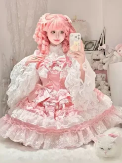 Sweet Lolita Dress Polyester Sleeveless Multi-layer Ruffle Bowknot Tea Party Hime Lolita Jsk