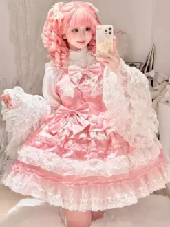 Sweet Lolita Dress Polyester Sleeveless Multi-layer Ruffle Bowknot Tea Party Hime Lolita Jsk