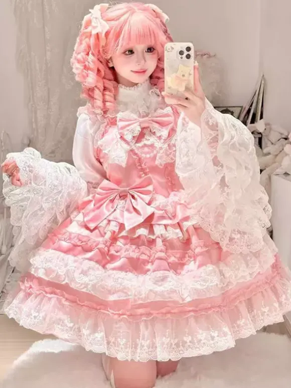 Sweet Lolita Dress Polyester Sleeveless Multi-layer Ruffle Bowknot Tea Party Hime Lolita Jsk