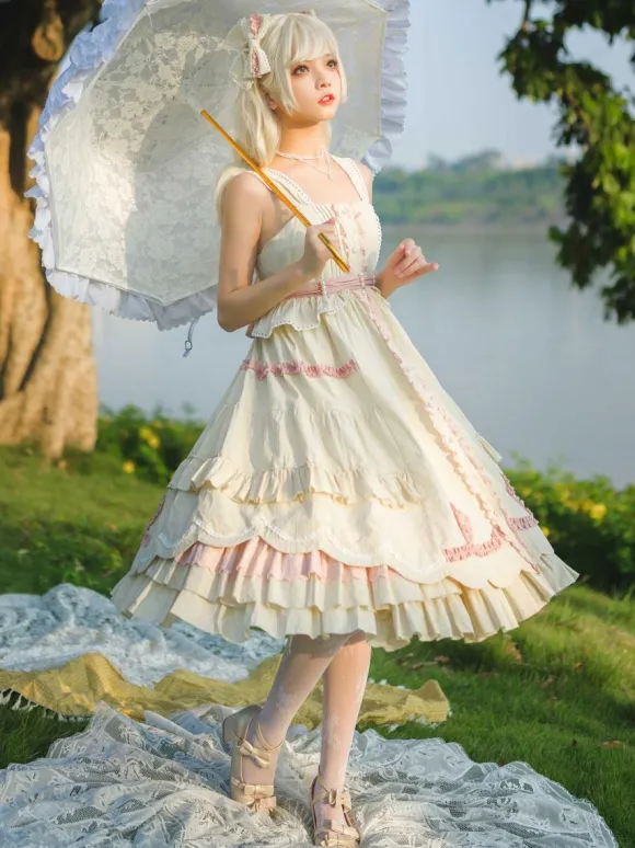 Sweet Lolita Dress Polyester Sleeveless Ruffles Jumper Dress