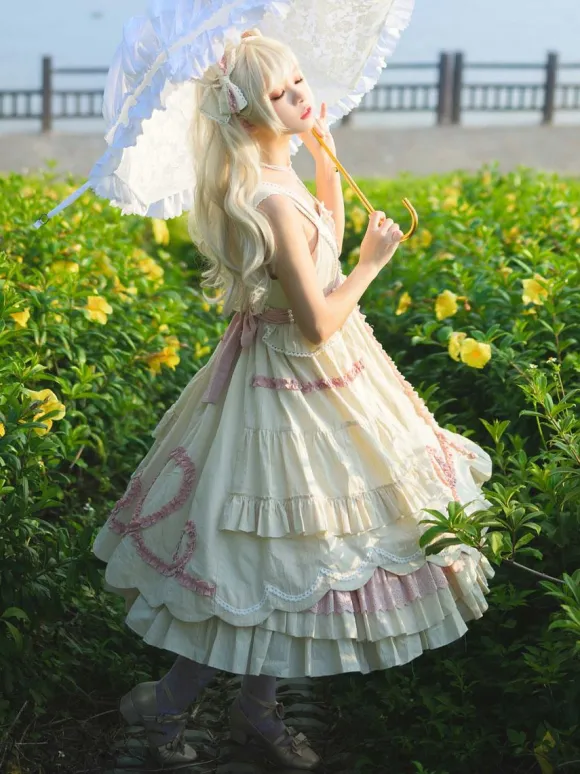 Sweet Lolita Dress Polyester Sleeveless Ruffles Jumper Dress