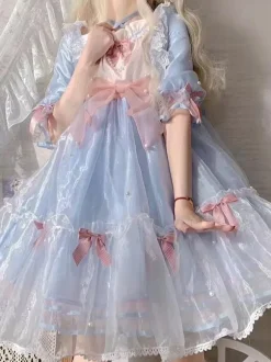 Sweet Lolita Dress Polyester Short Sleeves Pearl Princess OP Summer Sweet Cute Fugitive Princess Dress