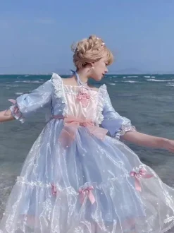Sweet Lolita Dress Polyester Short Sleeves Pearl Princess OP Summer Sweet Cute Fugitive Princess Dress