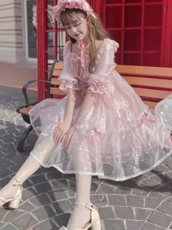 Sweet Lolita Dress Polyester Short Sleeves Pearl Princess OP Summer Sweet Cute Fugitive Princess Dress