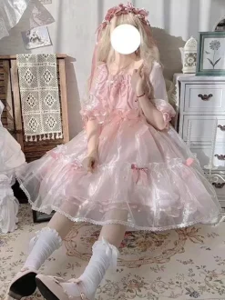 Sweet Lolita Dress Polyester Short Sleeves Pearl Princess OP Summer Sweet Cute Fugitive Princess Dress