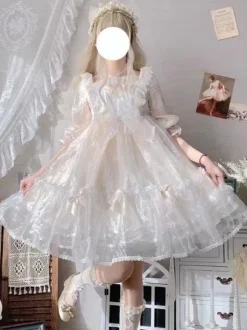 Sweet Lolita Dress Polyester Short Sleeves Pearl Princess OP Summer Sweet Cute Fugitive Princess Dress