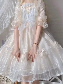 Sweet Lolita Dress Polyester Short Sleeves Pearl Princess OP Summer Sweet Cute Fugitive Princess Dress