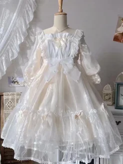 Sweet Lolita Dress Polyester Short Sleeves Pearl Princess OP Summer Sweet Cute Fugitive Princess Dress