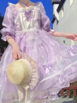 Sweet Lolita Dress Polyester Short Sleeves Pearl Princess OP Summer Sweet Cute Fugitive Princess Dress