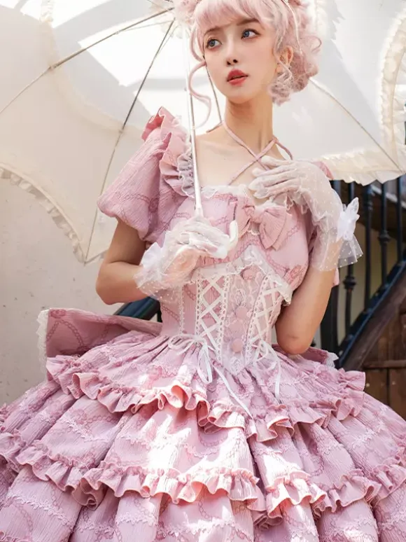 Sweet Lolita Dress Puff Rose OP Lolita Princess Dress Bow Detachable Train