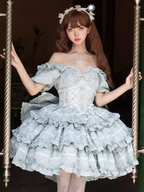 Sweet Lolita Dress Puff Rose OP Lolita Princess Dress Bow Detachable Train
