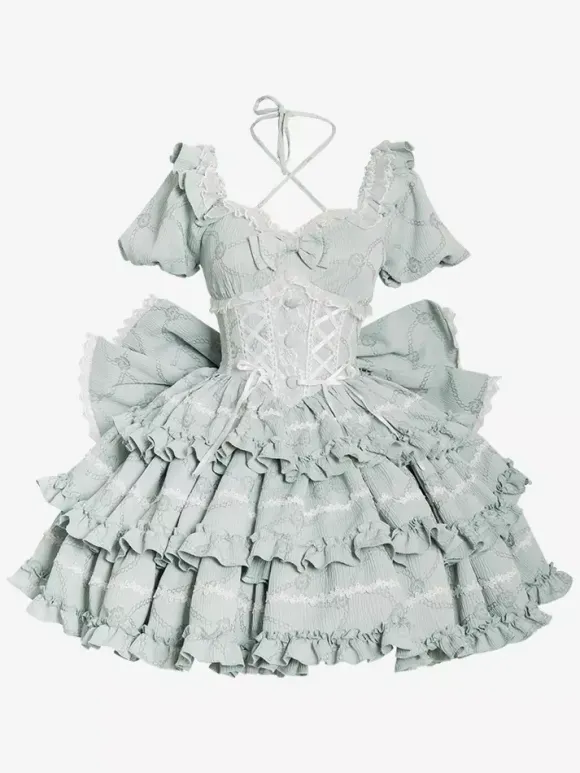 Sweet Lolita Dress Puff Rose OP Lolita Princess Dress Bow Detachable Train