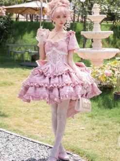 Sweet Lolita Dress Puff Rose OP Lolita Princess Dress Bow Detachable Train