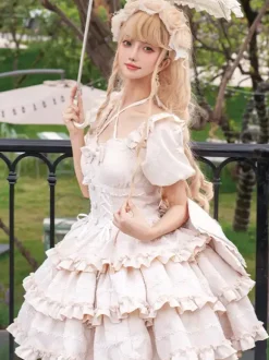 Sweet Lolita Dress Puff Rose OP Lolita Princess Dress Bow Detachable Train