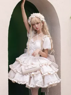 Sweet Lolita Dress Puff Rose OP Lolita Princess Dress Bow Detachable Train
