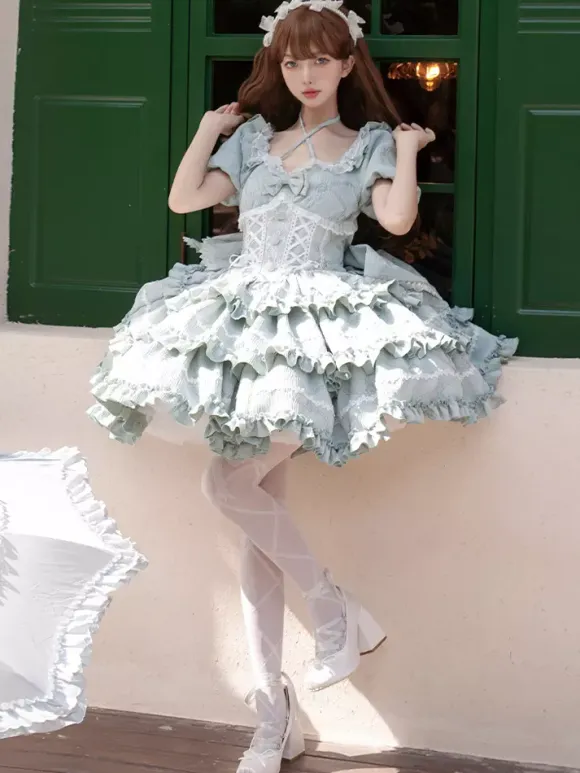 Sweet Lolita Dress Puff Rose OP Lolita Princess Dress Bow Detachable Train