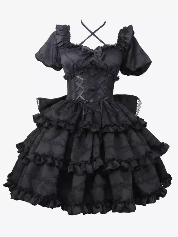 Sweet Lolita Dress Puff Rose OP Lolita Princess Dress Bow Detachable Train