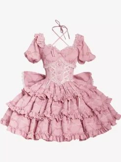 Sweet Lolita Dress Puff Rose OP Lolita Princess Dress Bow Detachable Train