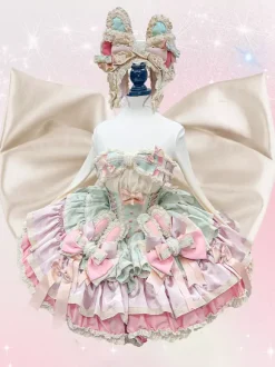 Sweet Lolita Dress Ribbon Bow Ballet Style Bunny Ears Cake Dress Pink-green Ruffles Short Dress