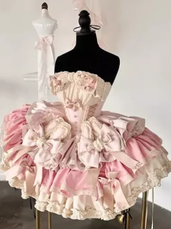 Sweet Lolita Dress Ribbon Bow Ballet Style Bunny Ears Cake Dress Pink-green Ruffles Short Dress