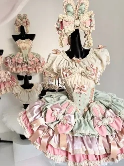 Sweet Lolita Dress Ribbon Bow Ballet Style Bunny Ears Cake Dress Pink-green Ruffles Short Dress