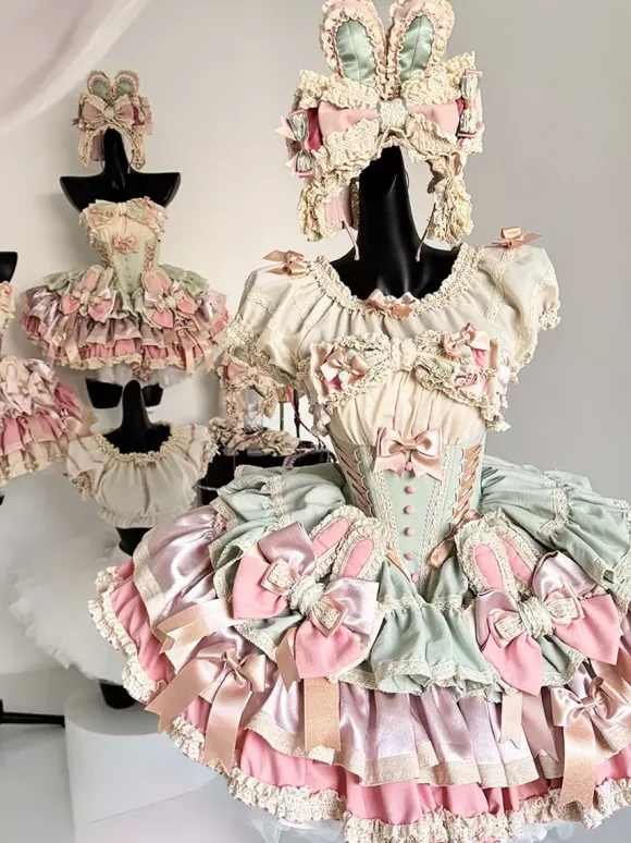 Sweet Lolita Dress Ribbon Bow Ballet Style Bunny Ears Cake Dress Pink-green Ruffles Short Dress