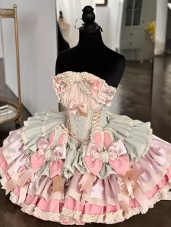 Sweet Lolita Dress Ribbon Bow Ballet Style Bunny Ears Cake Dress Pink-green Ruffles Short Dress
