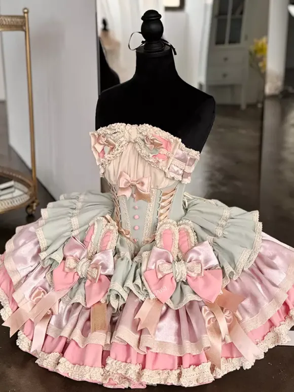 Sweet Lolita Dress Ribbon Bow Ballet Style Bunny Ears Cake Dress Pink-green Ruffles Short Dress