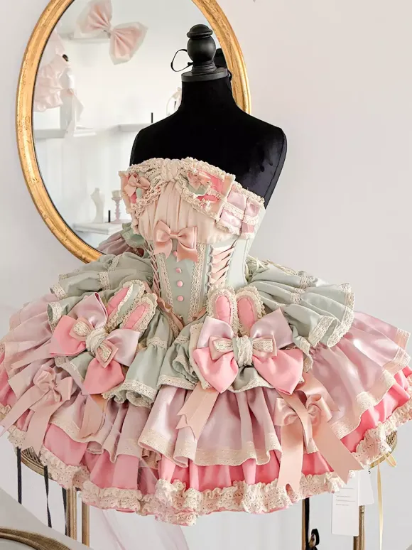 Sweet Lolita Dress Ribbon Bow Ballet Style Bunny Ears Cake Dress Pink-green Ruffles Short Dress