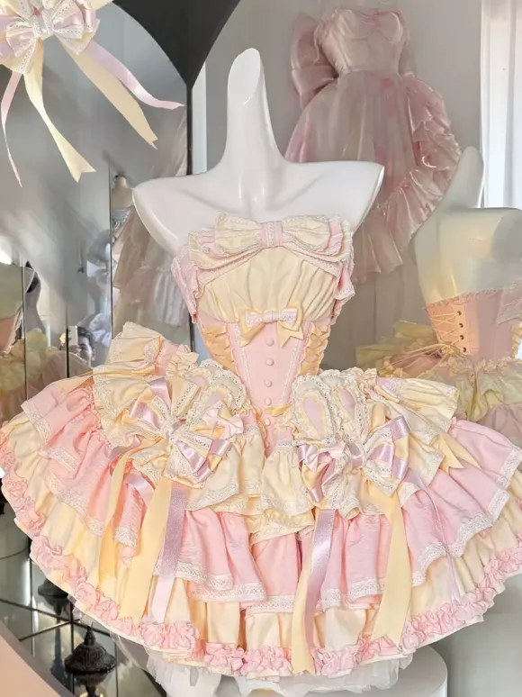 Sweet Lolita Dress Ribbon Bow Ballet Style Bunny Ears Cake Dress Pink-green Ruffles Short Dress