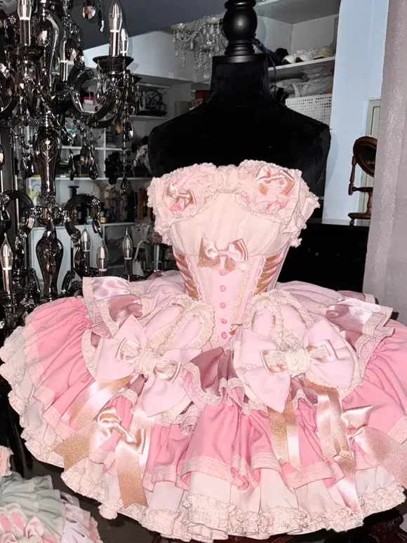Sweet Lolita Dress Ribbon Bow Ballet Style Bunny Ears Cake Dress Pink-green Ruffles Short Dress