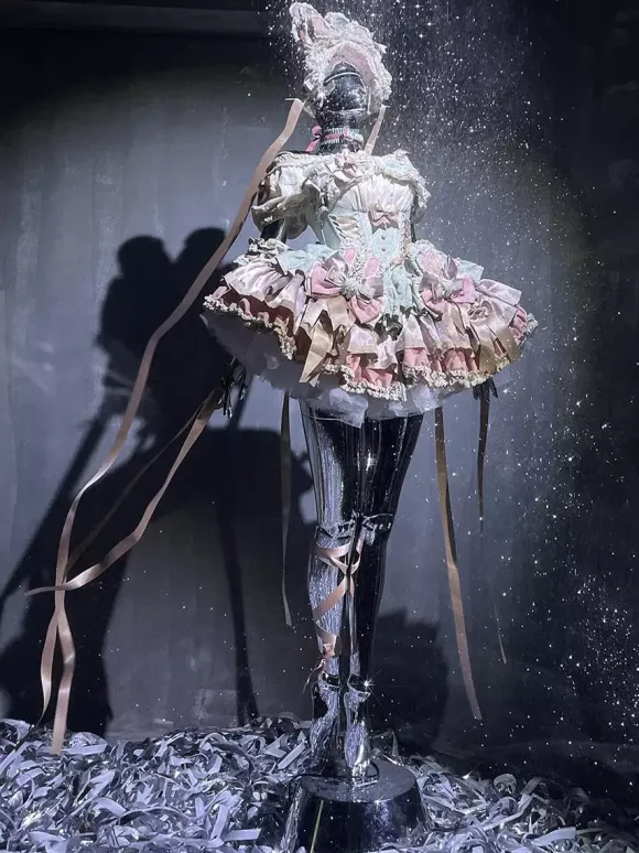 Sweet Lolita Dress Ribbon Bow Ballet Style Bunny Ears Cake Dress Pink-green Ruffles Short Dress