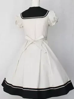 Sweet Lolita Dress Sailor OP Cotton Bow Buttons Dark Navy Lolita One Piece Dress