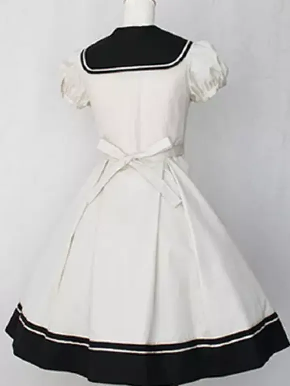 Sweet Lolita Dress Sailor OP Cotton Bow Buttons Dark Navy Lolita One Piece Dress