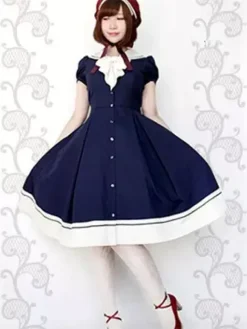 Sweet Lolita Dress Sailor OP Cotton Bow Buttons Dark Navy Lolita One Piece Dress