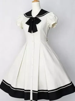 Sweet Lolita Dress Sailor OP Cotton Bow Buttons Dark Navy Lolita One Piece Dress