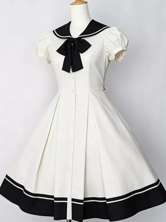 Sweet Lolita Dress Sailor OP Cotton Bow Buttons Dark Navy Lolita One Piece Dress