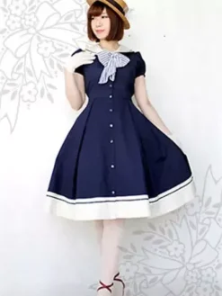Sweet Lolita Dress Sailor OP Cotton Bow Buttons Dark Navy Lolita One Piece Dress