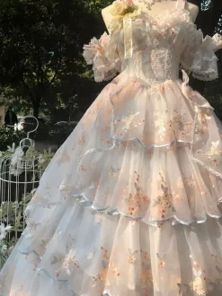 Sweet Lolita Dress Sleeveless Flowers Embroidered Lace Bows Ruffles long Princess Dress