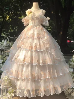 Sweet Lolita Dress Sleeveless Flowers Embroidered Lace Bows Ruffles long Princess Dress