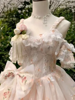 Sweet Lolita Dress Sleeveless Flowers Embroidered Lace Bows Ruffles long Princess Dress