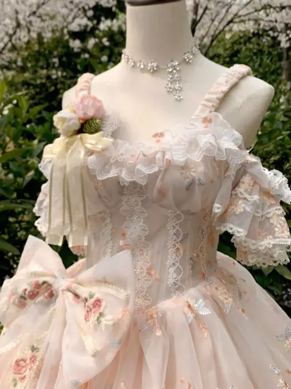 Sweet Lolita Dress Sleeveless Flowers Embroidered Lace Bows Ruffles long Princess Dress
