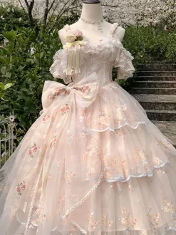 Sweet Lolita Dress Sleeveless Flowers Embroidered Lace Bows Ruffles long Princess Dress