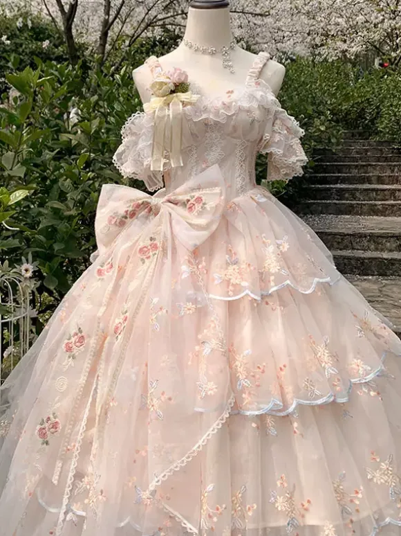 Sweet Lolita Dress Sleeveless Flowers Embroidered Lace Bows Ruffles long Princess Dress