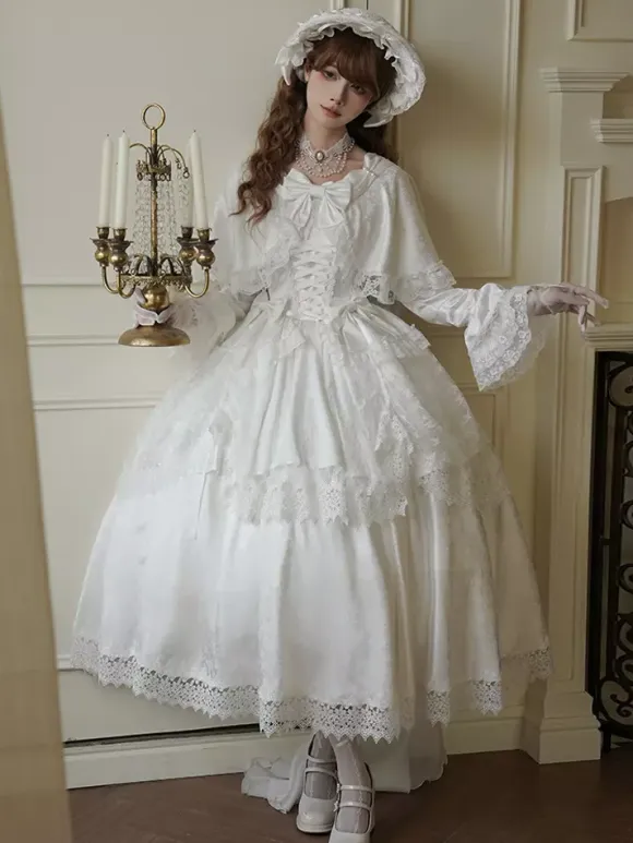 Sweet Lolita Dress White Polyester Long Sleeves Wedding Hime Lolita Dress