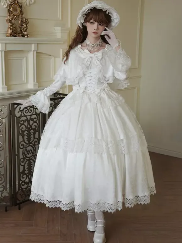 Sweet Lolita Dress White Polyester Long Sleeves Wedding Hime Lolita Dress