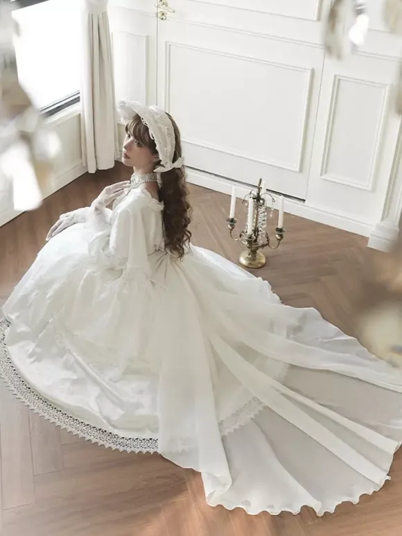Sweet Lolita Dress White Polyester Long Sleeves Wedding Hime Lolita Dress