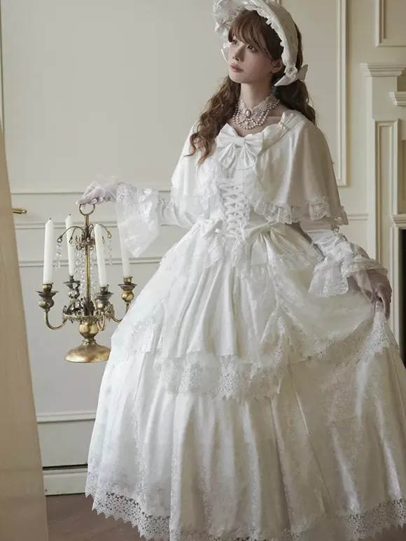 Sweet Lolita Dress White Polyester Long Sleeves Wedding Hime Lolita Dress